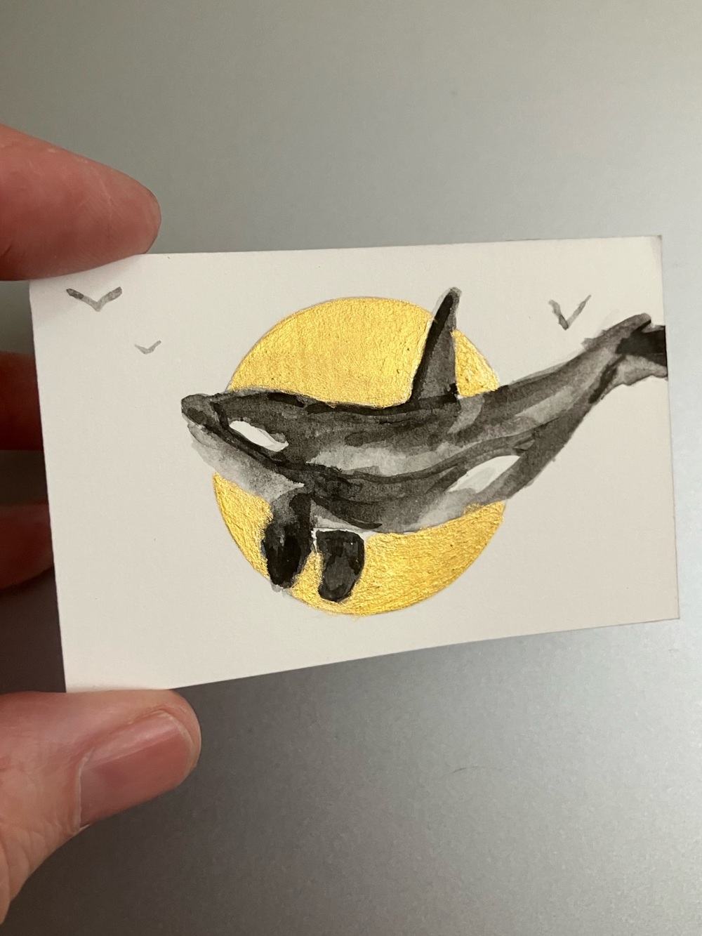 ORIGINAL orca killer whale painting miniature realism art sumi-e gold artwork US